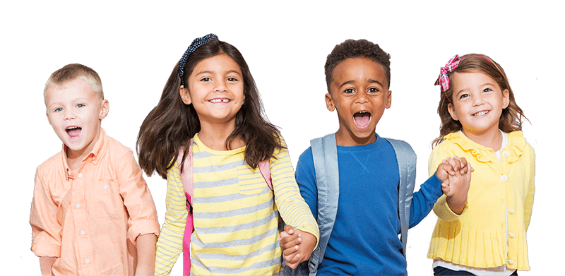 Four smiling children holding hands